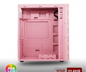 Case VSP V3-601P Pink (370x196x432mm, Dãy LED RGB, Hông trong suốt, Fan đuôi 1x120mm ko kèm, Fan trước 2x120mm ko kèm, 1xUSB3.0, 1xUSB2.0, 2xHDD, 2xSSD, Nguồn trên dây dài)(THAY THẾ CHO 603P Pink) 